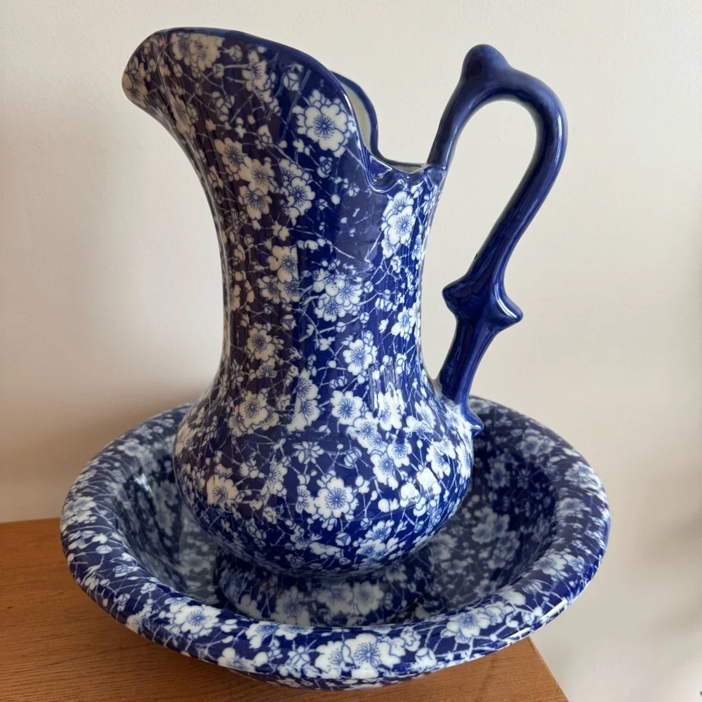Antique Victoria Ware Ironstone Pitcher and Basin Blue Cobalt Floral Decor Bath - Picture 9 of 10